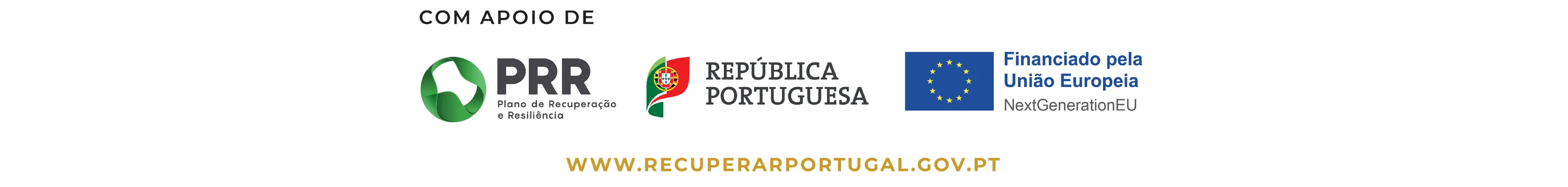 Logótipos PRR: Plano de Recuperação e Resiliências, República Portuguesa e Financiado pela União Europeia - Next Generation EU