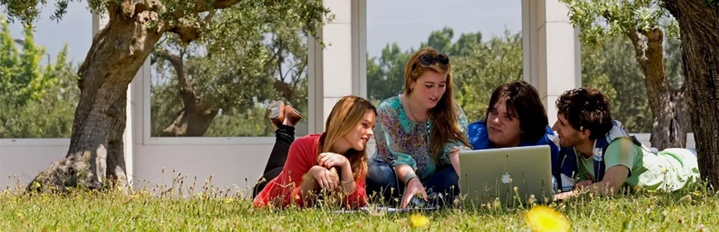 Estudantes no jardim a estudarem