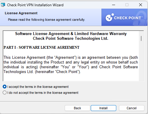 Opção "I accept the terms in the license agreement"